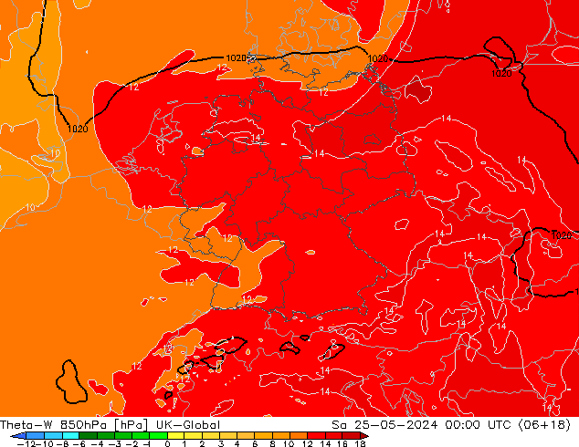 Theta-W 850hPa UK-Global za 25.05.2024 00 UTC