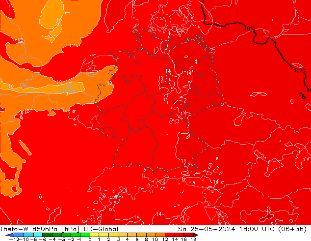 Theta-W 850hPa UK-Global Sa 25.05.2024 18 UTC