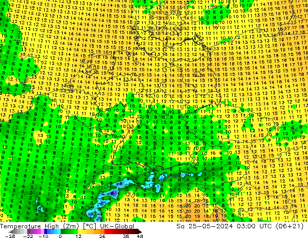 Temperature High (2m) UK-Global Sa 25.05.2024 03 UTC