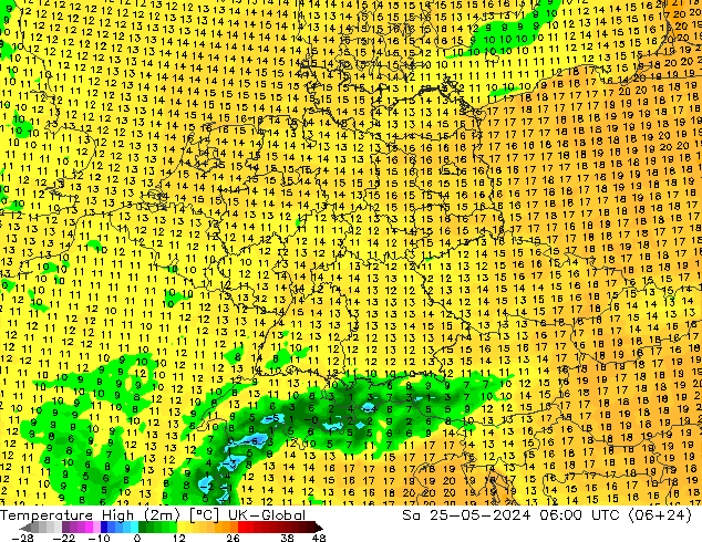 Max.temperatuur (2m) UK-Global za 25.05.2024 06 UTC