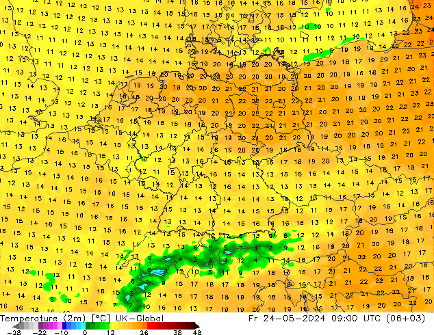 Temperature (2m) UK-Global Pá 24.05.2024 09 UTC