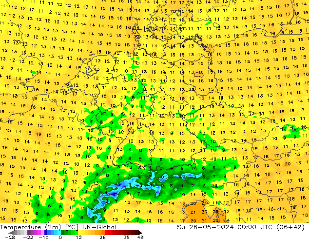 Temperature (2m) UK-Global Su 26.05.2024 00 UTC