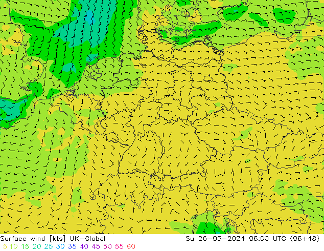 Surface wind UK-Global Su 26.05.2024 06 UTC