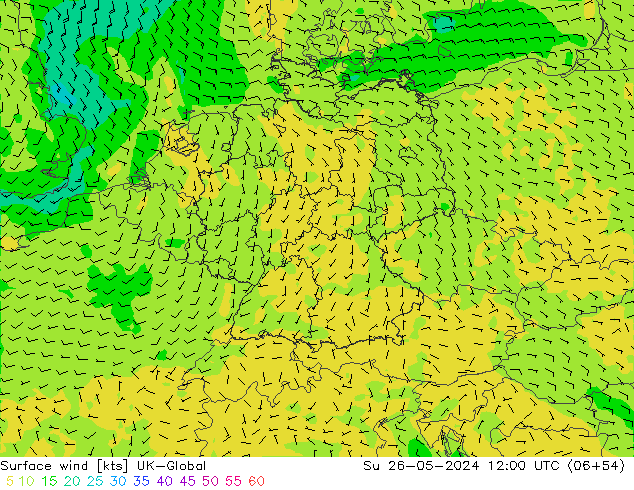 Wind 10 m UK-Global zo 26.05.2024 12 UTC