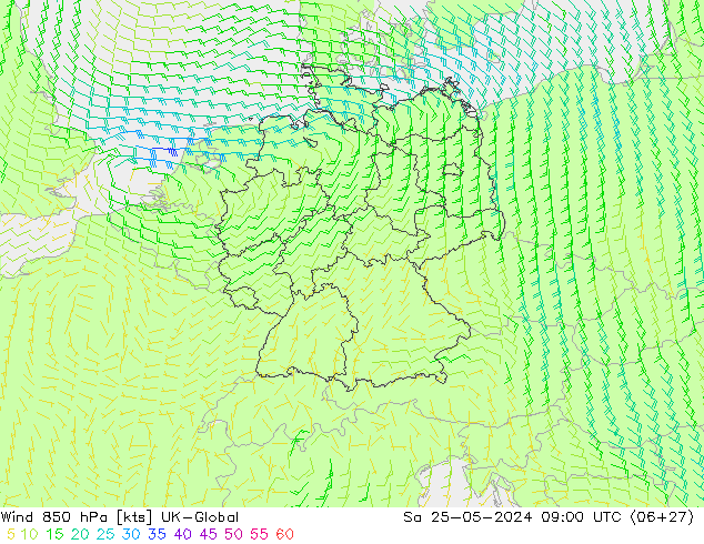 Viento 850 hPa UK-Global sáb 25.05.2024 09 UTC