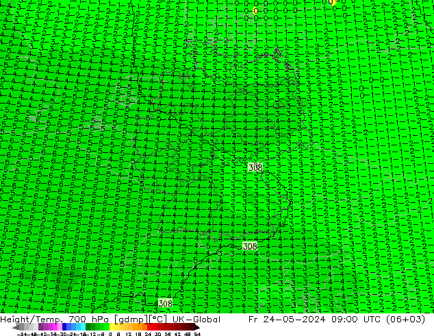 Height/Temp. 700 hPa UK-Global Fr 24.05.2024 09 UTC