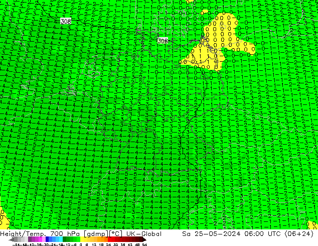 Height/Temp. 700 hPa UK-Global  25.05.2024 06 UTC