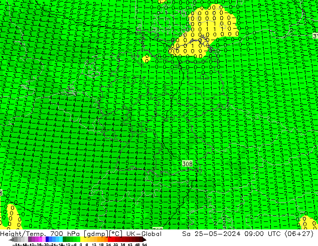 Height/Temp. 700 hPa UK-Global  25.05.2024 09 UTC