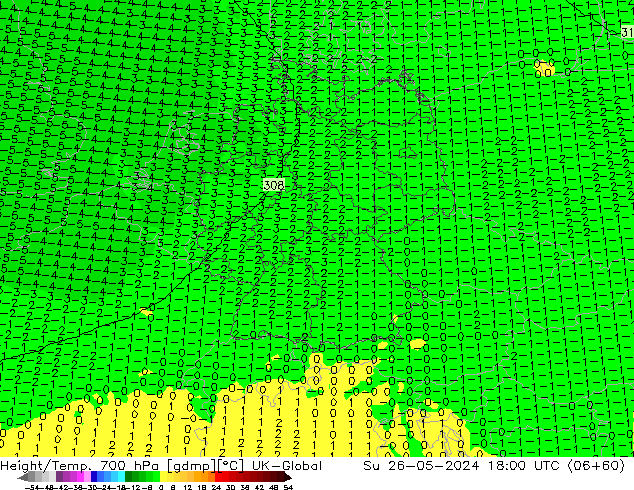 Hoogte/Temp. 700 hPa UK-Global zo 26.05.2024 18 UTC