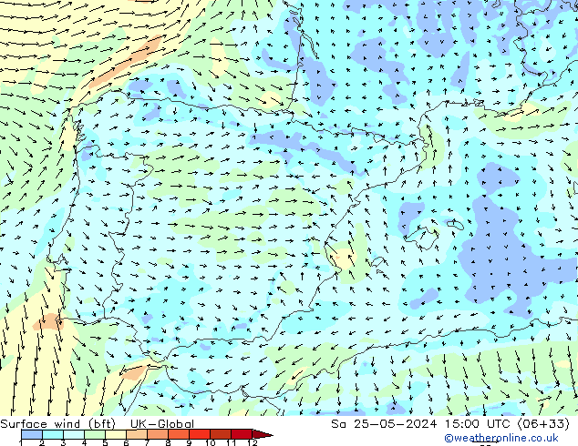Vento 10 m (bft) UK-Global Sáb 25.05.2024 15 UTC