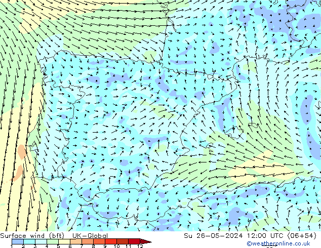 Surface wind (bft) UK-Global Su 26.05.2024 12 UTC