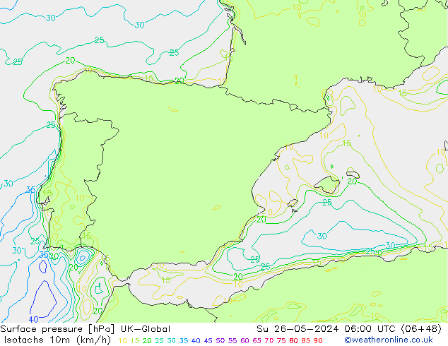 Eşrüzgar Hızları (km/sa) UK-Global Paz 26.05.2024 06 UTC