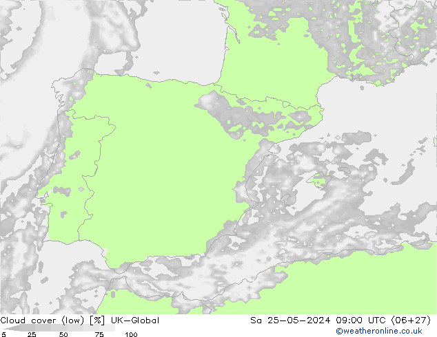 zachmurzenie (niskie) UK-Global so. 25.05.2024 09 UTC