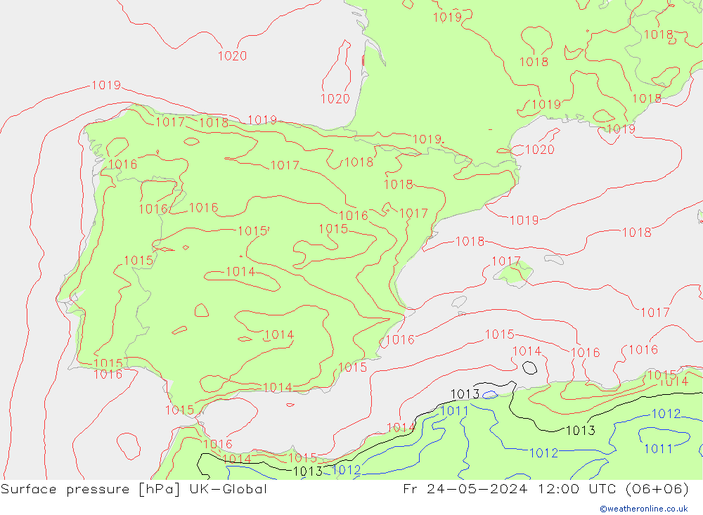 Pressione al suolo UK-Global ven 24.05.2024 12 UTC