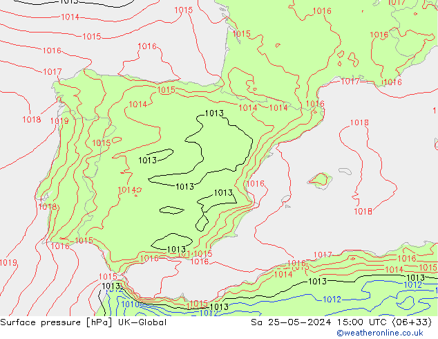 Pressione al suolo UK-Global sab 25.05.2024 15 UTC