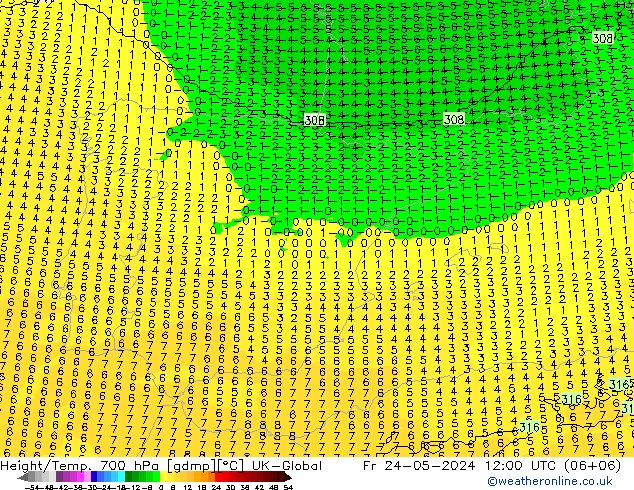 Height/Temp. 700 hPa UK-Global Pá 24.05.2024 12 UTC