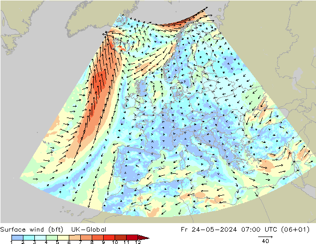 Surface wind (bft) UK-Global Fr 24.05.2024 07 UTC
