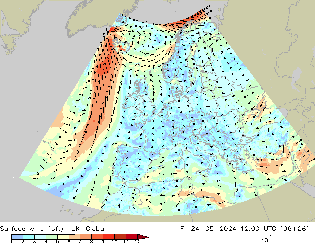 Wind 10 m (bft) UK-Global vr 24.05.2024 12 UTC