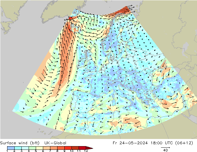 Vento 10 m (bft) UK-Global Sex 24.05.2024 18 UTC