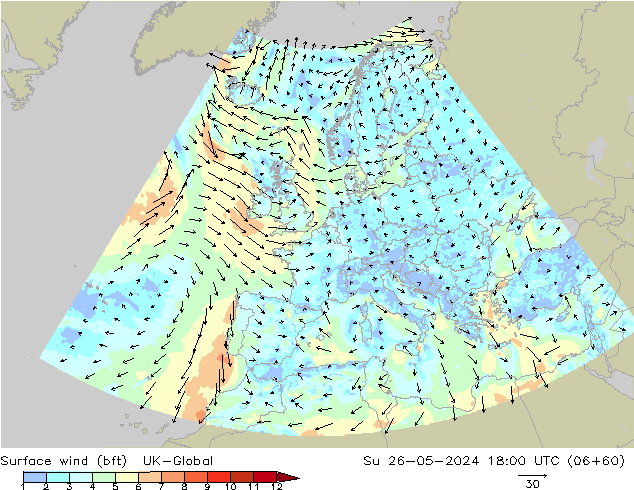 wiatr 10 m (bft) UK-Global nie. 26.05.2024 18 UTC