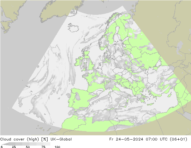 Cloud cover (high) UK-Global Fr 24.05.2024 07 UTC