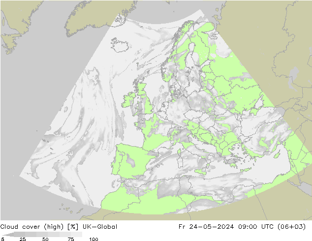 Cloud cover (high) UK-Global Fr 24.05.2024 09 UTC