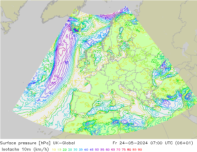 Isotachs (kph) UK-Global  24.05.2024 07 UTC