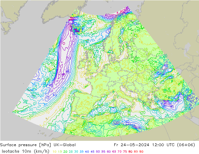 10米等风速线 (kph) UK-Global 星期五 24.05.2024 12 UTC