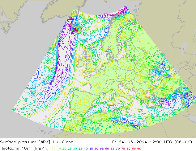 Isotachs (kph) UK-Global Fr 24.05.2024 12 UTC