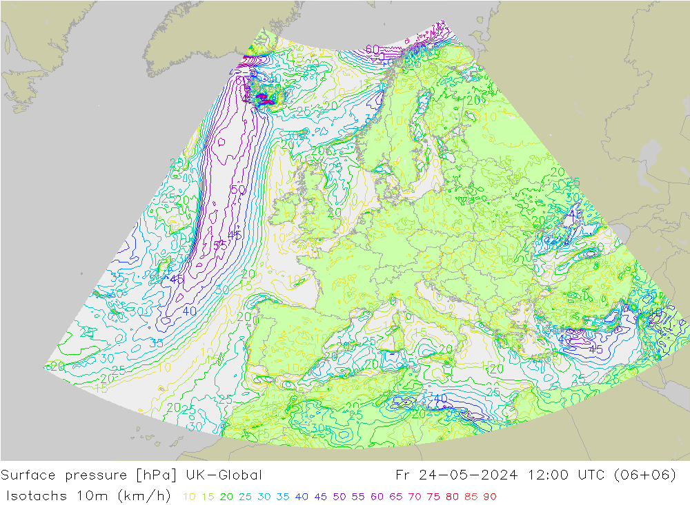 Isotachen (km/h) UK-Global vr 24.05.2024 12 UTC