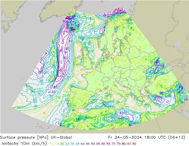 Isotachen (km/h) UK-Global Fr 24.05.2024 18 UTC