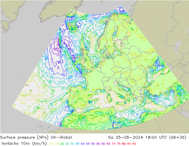 Isotachs (kph) UK-Global sab 25.05.2024 18 UTC