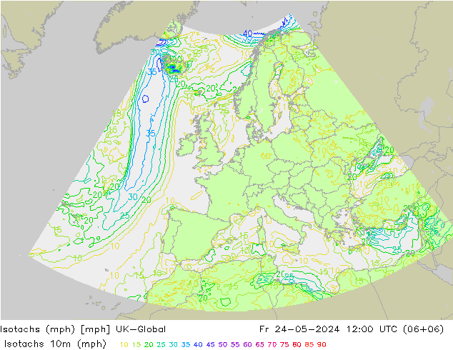 Isotachen (mph) UK-Global Fr 24.05.2024 12 UTC