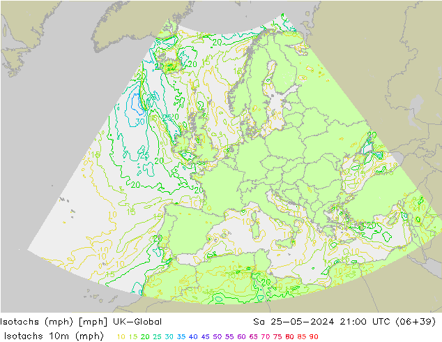 Isotachen (mph) UK-Global za 25.05.2024 21 UTC