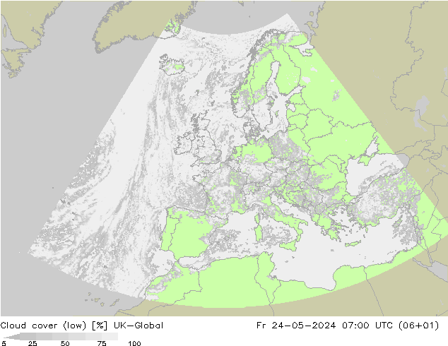Cloud cover (low) UK-Global Fr 24.05.2024 07 UTC