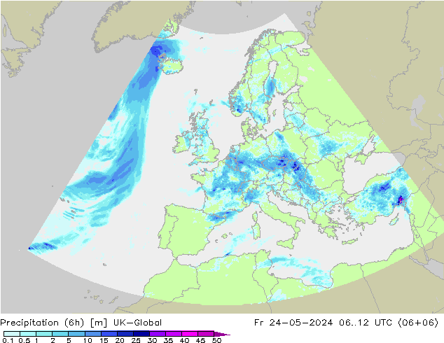 Precipitation (6h) UK-Global Fr 24.05.2024 12 UTC