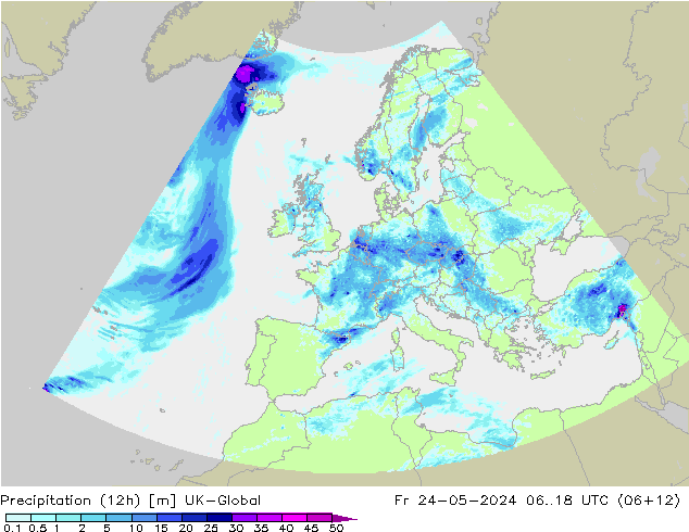 降水量 (12h) UK-Global 星期五 24.05.2024 18 UTC