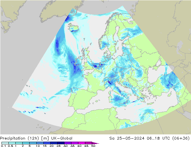 осадки (12h) UK-Global сб 25.05.2024 18 UTC