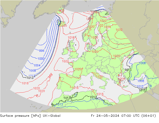 Pressione al suolo UK-Global ven 24.05.2024 07 UTC