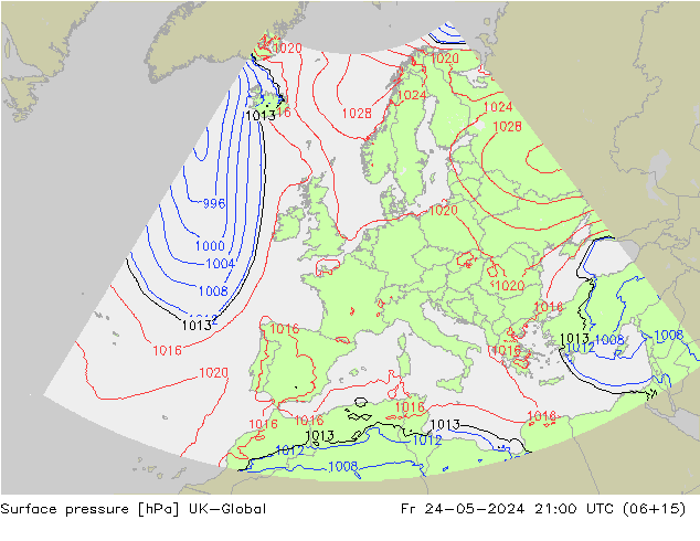 Surface pressure UK-Global Fr 24.05.2024 21 UTC
