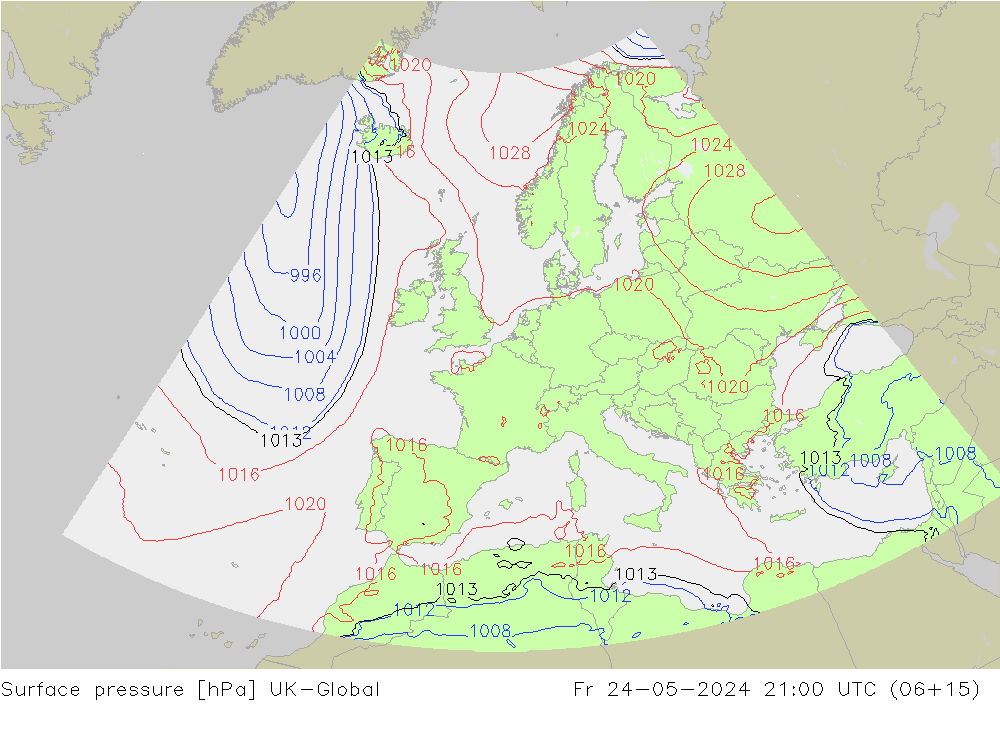 Pressione al suolo UK-Global ven 24.05.2024 21 UTC
