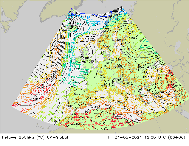 Theta-e 850hPa UK-Global Pá 24.05.2024 12 UTC
