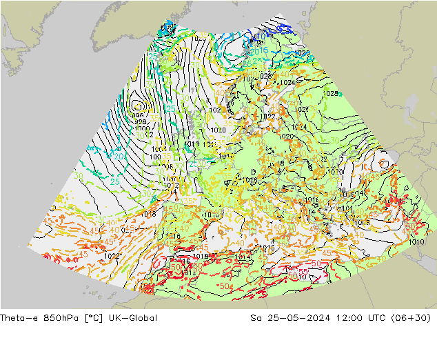 Theta-e 850hPa UK-Global Sa 25.05.2024 12 UTC