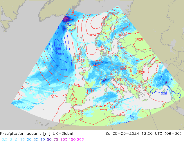 Precipitation accum. UK-Global sab 25.05.2024 12 UTC