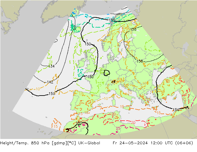 Geop./Temp. 850 hPa UK-Global vie 24.05.2024 12 UTC
