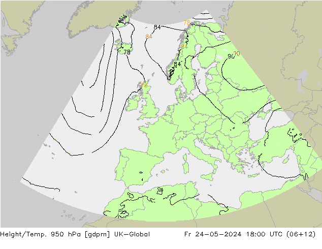 Height/Temp. 950 hPa UK-Global Fr 24.05.2024 18 UTC