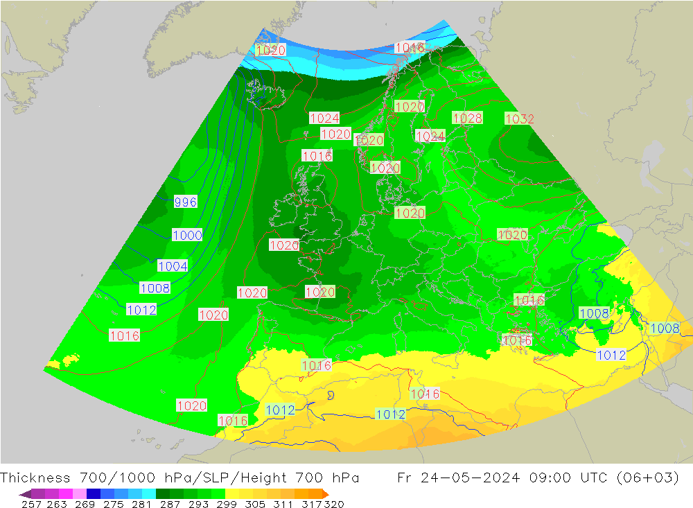 Thck 700-1000 hPa UK-Global Fr 24.05.2024 09 UTC