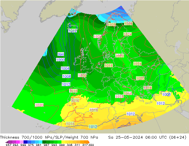 Thck 700-1000 hPa UK-Global Sáb 25.05.2024 06 UTC