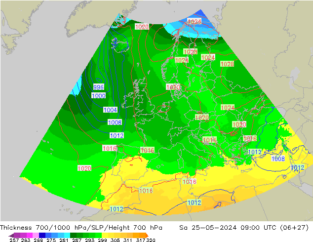 Thck 700-1000 hPa UK-Global Sa 25.05.2024 09 UTC