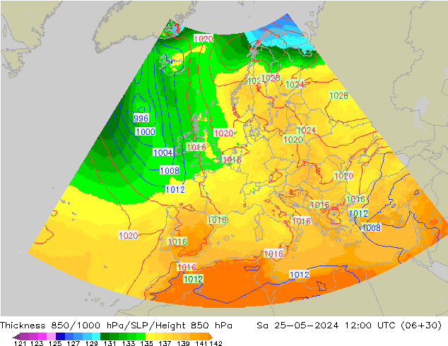 Thck 850-1000 гПа UK-Global сб 25.05.2024 12 UTC